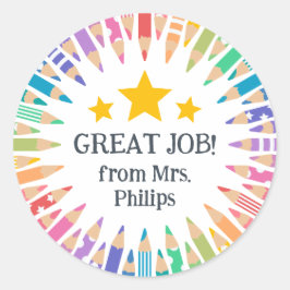 Leuke gekleurde potloden Geweldige Job Student! Ronde Sticker