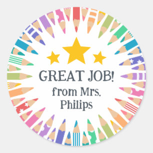 Leuke gekleurde potloden Geweldige Job Student! Ronde Sticker