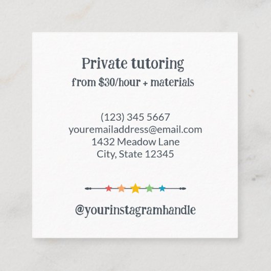 Leuke gekleurde potloden & sterren Art Teacher Tut Vierkante Visitekaartje (Achterkant)