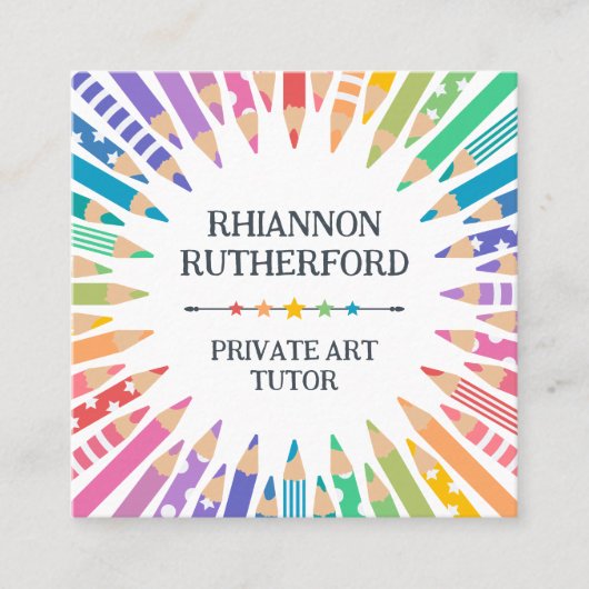Leuke gekleurde potloden & sterren Art Teacher Tut Vierkante Visitekaartje (Voorkant)