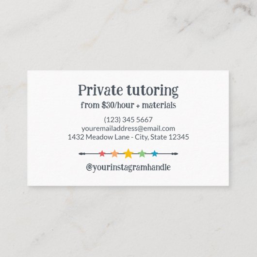 Leuke gekleurde potloden & sterren Art Teacher Tut Visitekaartje (Achterkant)