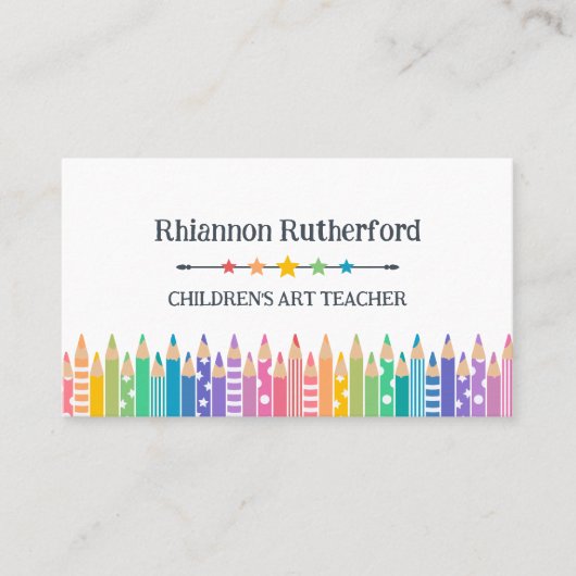 Leuke gekleurde potloden & sterren Art Teacher Tut Visitekaartje (Voorkant)