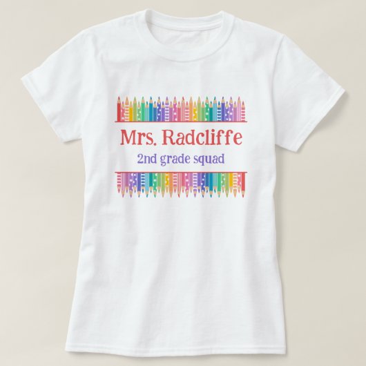 Leuke gekleurde potloden sterren naam leraar t-shirt (Design voorkant)