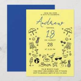 Leuke Gele Blauwe Strandfeest Zomer Krabbel Doodle Kaart