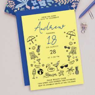 Leuke Gele Blauwe Strandfeest Zomer Krabbel Doodle Kaart