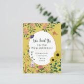 Leuke gele bloemenvogels Nieuw adres aankondiging Briefkaart (Staand voorkant)