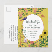 Leuke gele bloemenvogels Nieuw adres aankondiging Briefkaart (Voorkant / Achterkant)