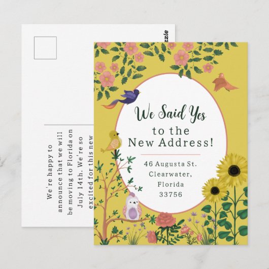 Leuke gele bloemenvogels Nieuw adres aankondiging Briefkaart (Voorkant / Achterkant)
