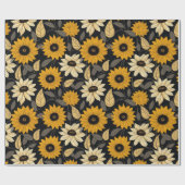 Leuke gele crème zonnebloemen zwart cadeaupapier (Vlak)