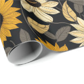 Leuke gele crème zonnebloemen zwart cadeaupapier (Rol Hoek)