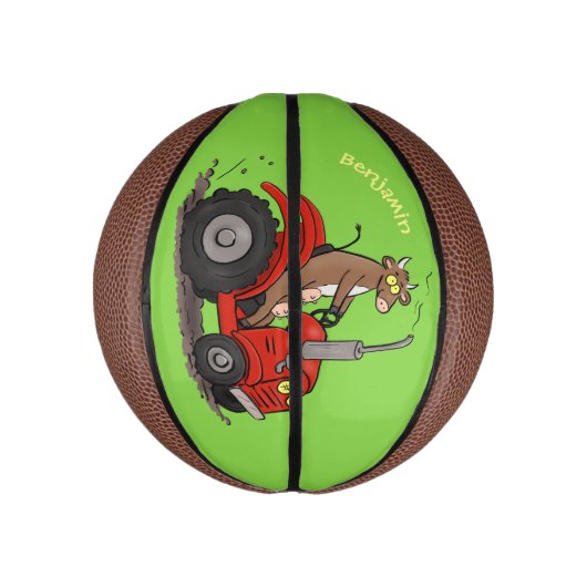 Leuke gelukkige koe die een rode tractor bestuurt  basketbal (Verticaal)