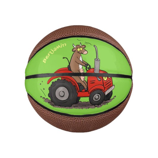 Leuke gelukkige koe die een rode tractor bestuurt  basketbal (Voorkant)