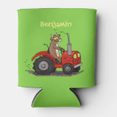 Leuke gelukkige koe die een rode tractor bestuurt  blikjeskoeler (Voorkant)