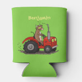 Leuke gelukkige koe die een rode tractor bestuurt  blikjeskoeler (Achterkant)