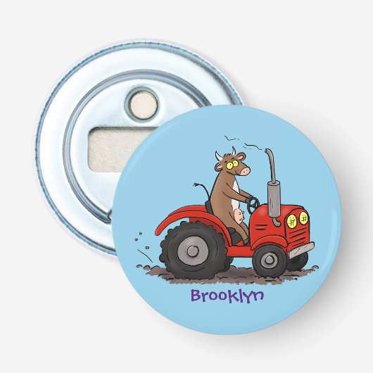 Leuke gelukkige koe die een rode tractor bestuurt  button flesopener (Voorkant)