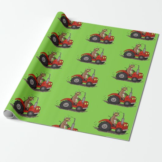 Leuke gelukkige koe die een rode tractor bestuurt cadeaupapier (Uitgerold)