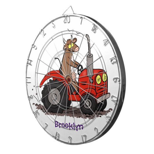 Leuke gelukkige koe die een rode tractor bestuurt dartbord (Voorkant Rechts)
