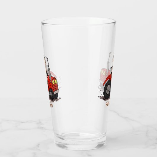 Leuke gelukkige koe die een rode tractor bestuurt  glas (Rechts)