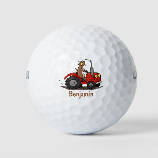Leuke gelukkige koe die een rode tractor bestuurt  golfballen (Voorkant)