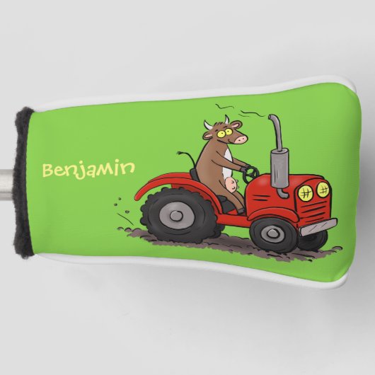 Leuke gelukkige koe die een rode tractor bestuurt  golfheadcover (Voorkant)