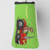Leuke gelukkige koe die een rode tractor bestuurt  golfheadcover (Draai 90)