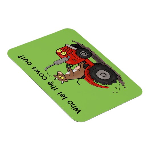 Leuke gelukkige koe die een rode tractor bestuurt  magneet (Rechterzijde)