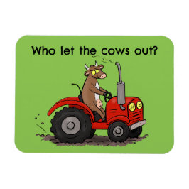 Leuke gelukkige koe die een rode tractor bestuurt  magneet