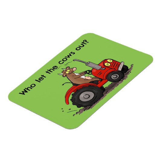 Leuke gelukkige koe die een rode tractor bestuurt  magneet (Linkerzijde)