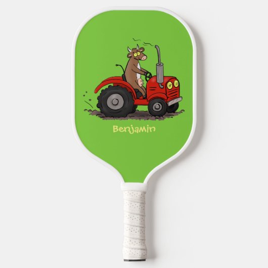 Leuke gelukkige koe die een rode tractor bestuurt pickleball paddle (Voorkant)