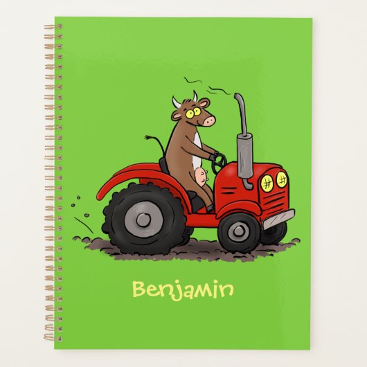 Leuke gelukkige koe die een rode tractor bestuurt  planner (Voorkant)