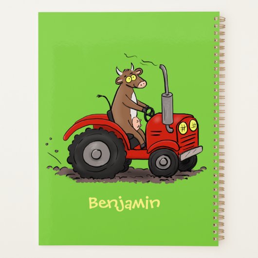 Leuke gelukkige koe die een rode tractor bestuurt  planner (Achterkant)