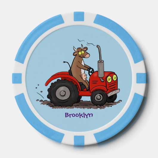 Leuke gelukkige koe die een rode tractor bestuurt  poker chips (Voorkant)