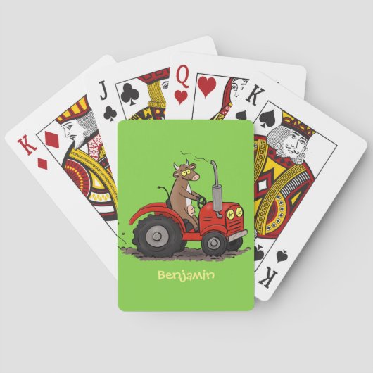 Leuke gelukkige koe die een rode tractor bestuurt pokerkaarten (Achterkant)