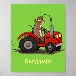 Leuke gelukkige koe die een rode tractor bestuurt  poster