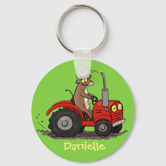 Leuke gelukkige koe die een rode tractor bestuurt  sleutelhanger (Voorkant)