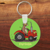 Leuke gelukkige koe die een rode tractor bestuurt  sleutelhanger (Voorkant)