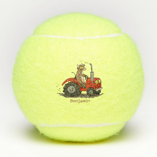 Leuke gelukkige koe die een rode tractor bestuurt  tennisballen (Voorkant)