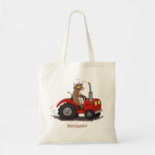 Leuke gelukkige koe die een rode tractor bestuurt tote bag