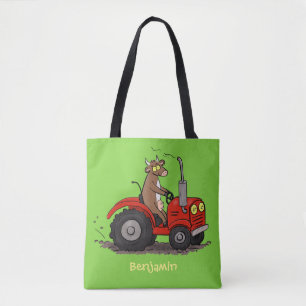 Leuke gelukkige koe die een rode tractor bestuurt tote bag
