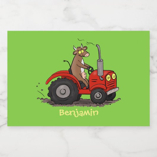 Leuke gelukkige koe die een rode tractor bestuurt  voedselcontainer etiket (Enkel label)