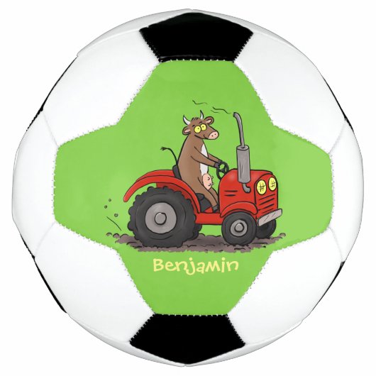 Leuke gelukkige koe die een rode tractor bestuurt  voetbal (Voorkant)
