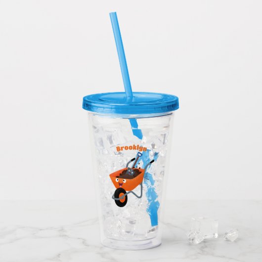 Leuke gelukkige oranje kruiwagen cartoon illustrat acryl drinkbeker (Voorkant ijs)