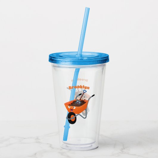 Leuke gelukkige oranje kruiwagen cartoon illustrat acryl drinkbeker (Achterkant)