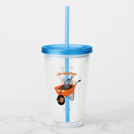 Leuke gelukkige oranje kruiwagen cartoon illustrat acryl drinkbeker (Voorkant)