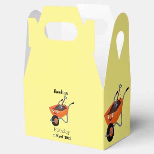 Leuke gelukkige oranje kruiwagen cartoon illustrat bedankdoosjes (Geopend)