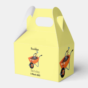 Leuke gelukkige oranje kruiwagen cartoon illustrat bedankdoosjes