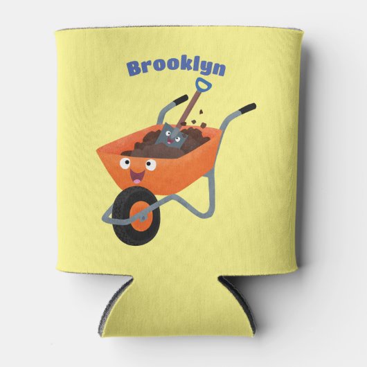 Leuke gelukkige oranje kruiwagen cartoon illustrat blikjeskoeler (Voorkant)