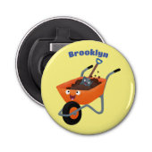 Leuke gelukkige oranje kruiwagen cartoon illustrat button flesopener (Voorkant)
