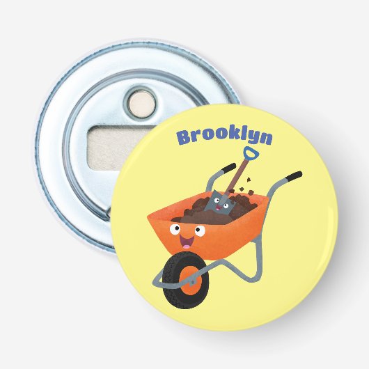 Leuke gelukkige oranje kruiwagen cartoon illustrat button flesopener (Voorkant)
