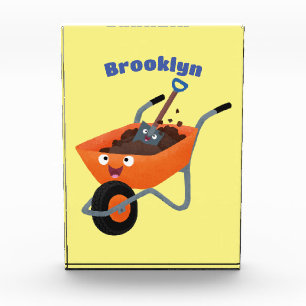Leuke gelukkige oranje kruiwagen cartoon illustrat fotoblokken